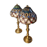 set of antique brass lamps with handmade stained glass, style