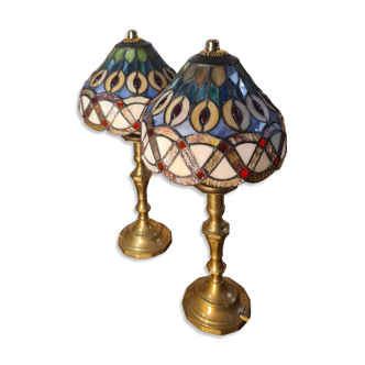 set of antique brass lamps with handmade stained glass, style