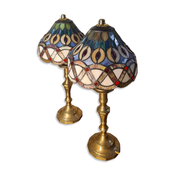 set of antique brass lamps with handmade stained glass, style
