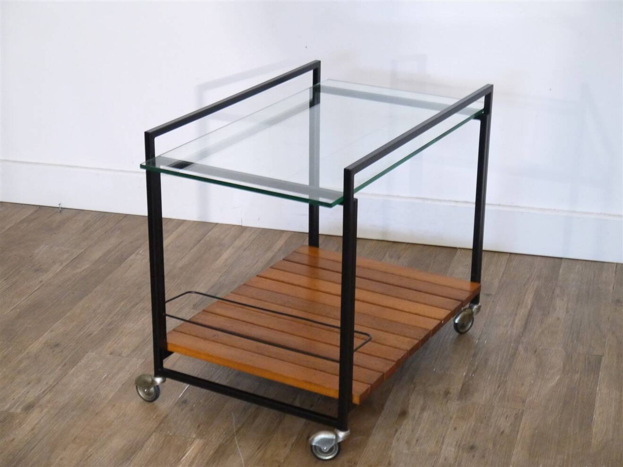 Desserte moderniste en metal, bois et verre 1960