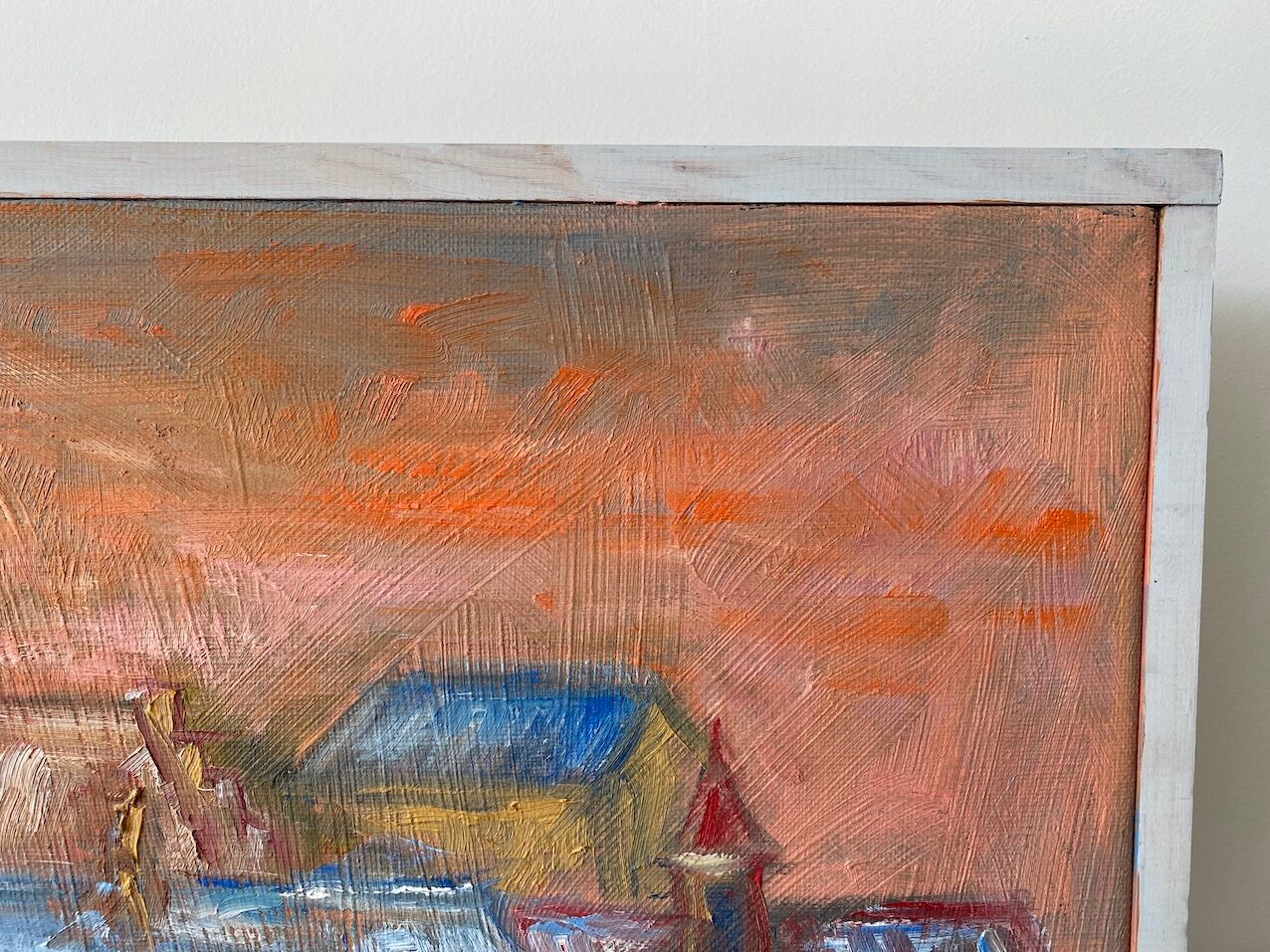 Mid century modernist framed oil painting - houses at sunset