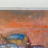 Mid century modernist framed oil painting - houses at sunset