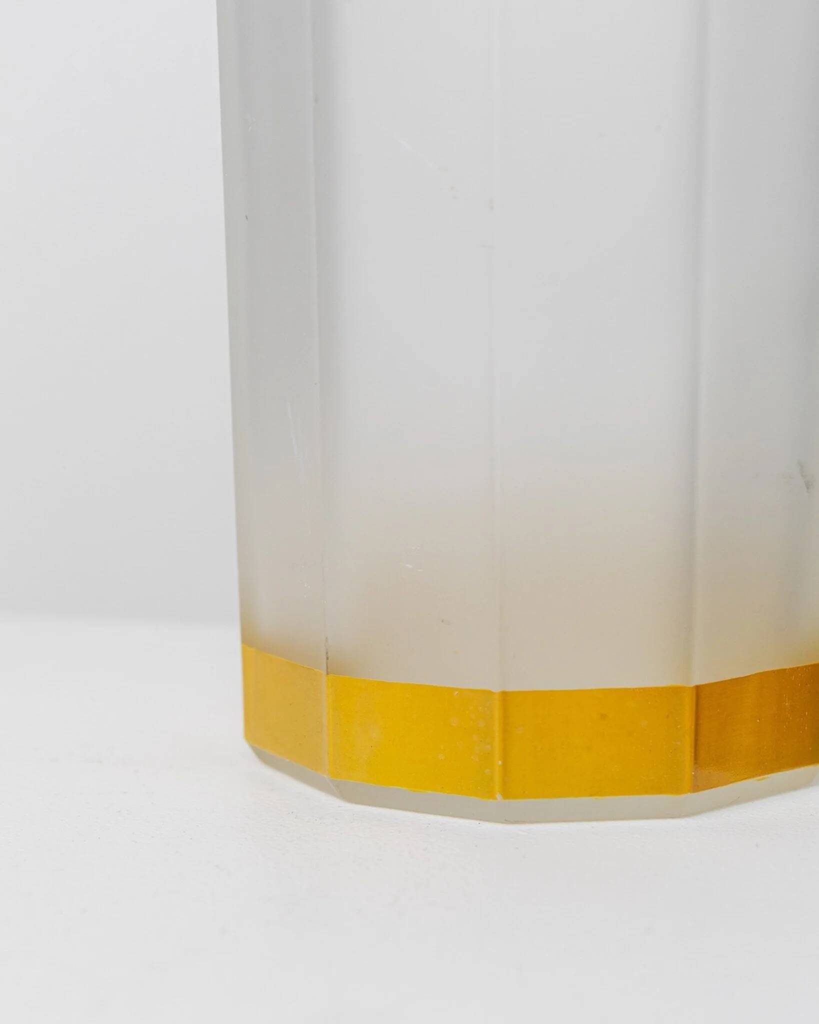 Vintage milky glass vase with yellow base, twelve-faced silhouette, Italian Bormioli, 1980s
