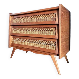 Vintage rattan chest of drawers with compass feet, old wicker furniture