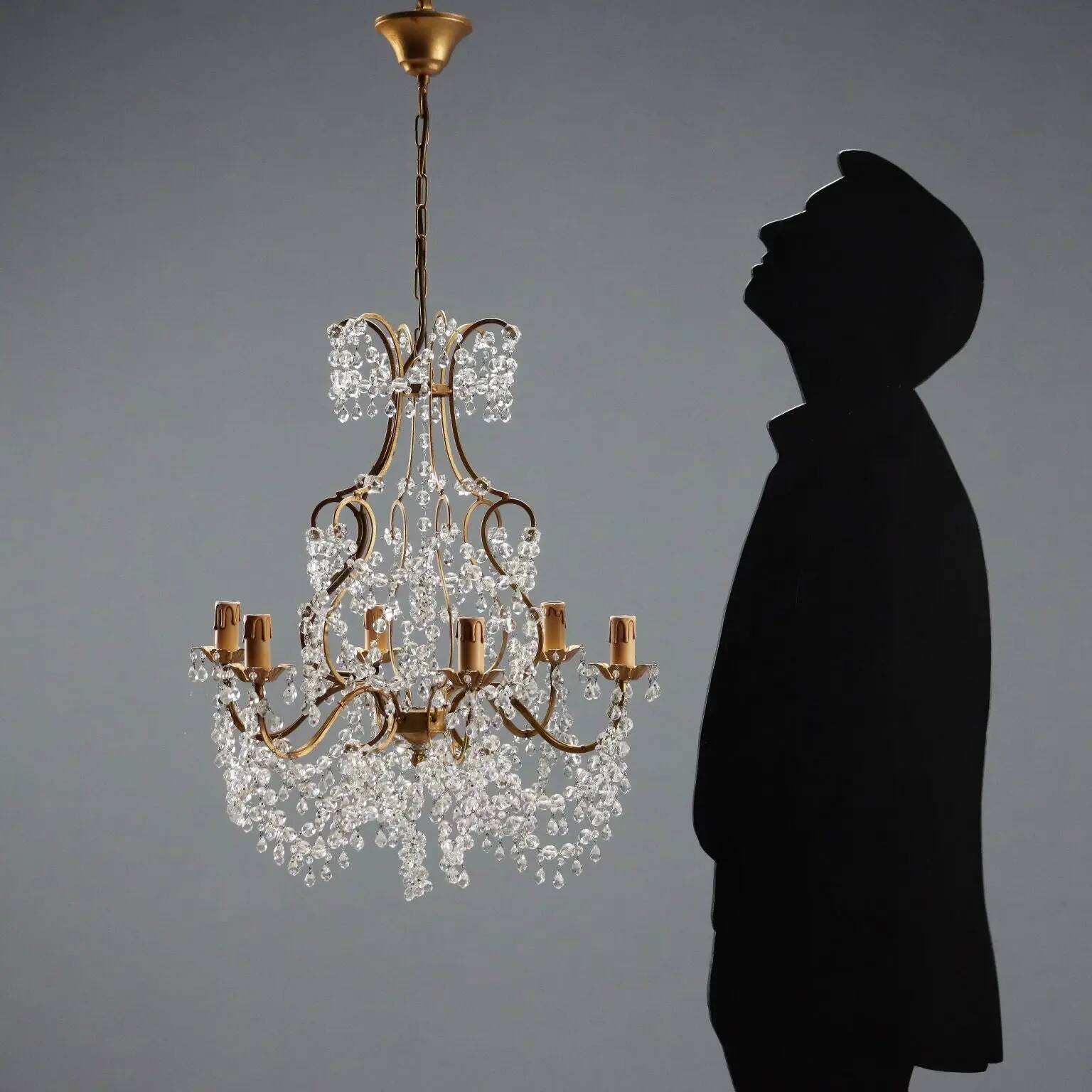 Antique chandelier in gilded iron and metal, Italy, 20th century