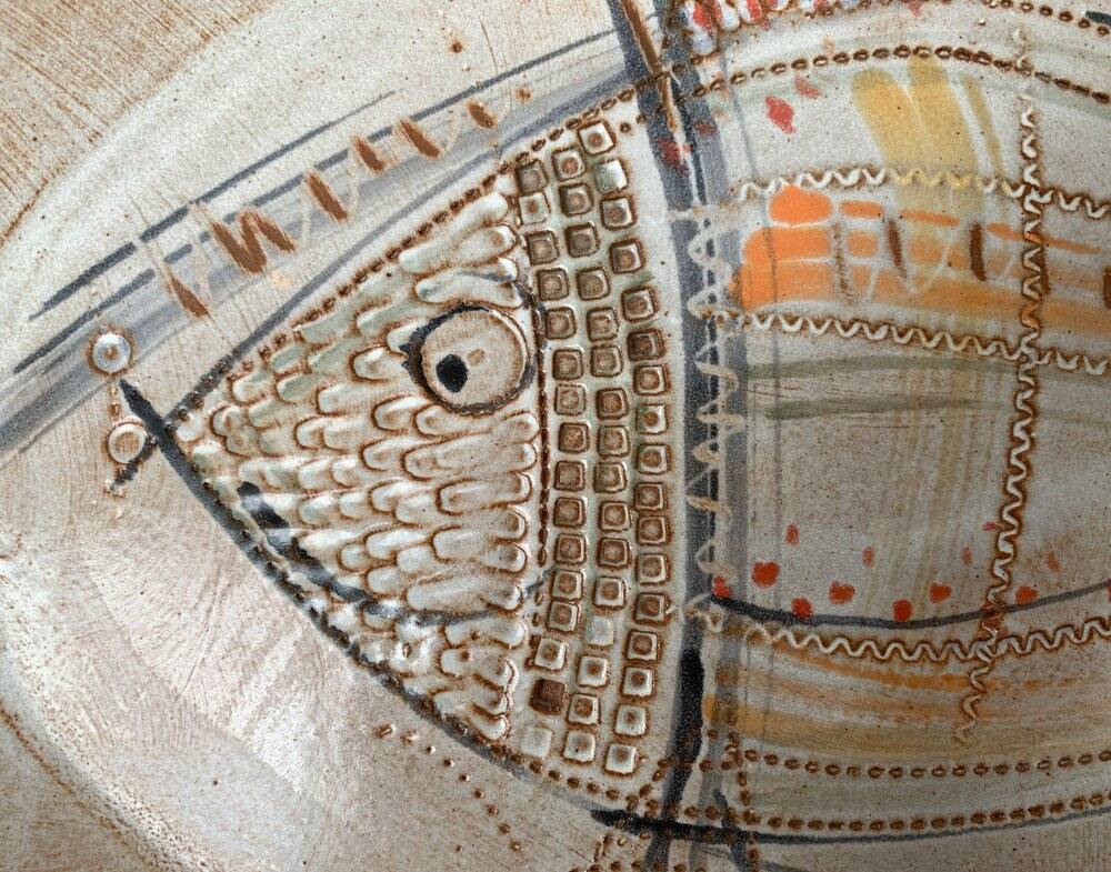 Large German ceramic plate with fish from the mid-century.