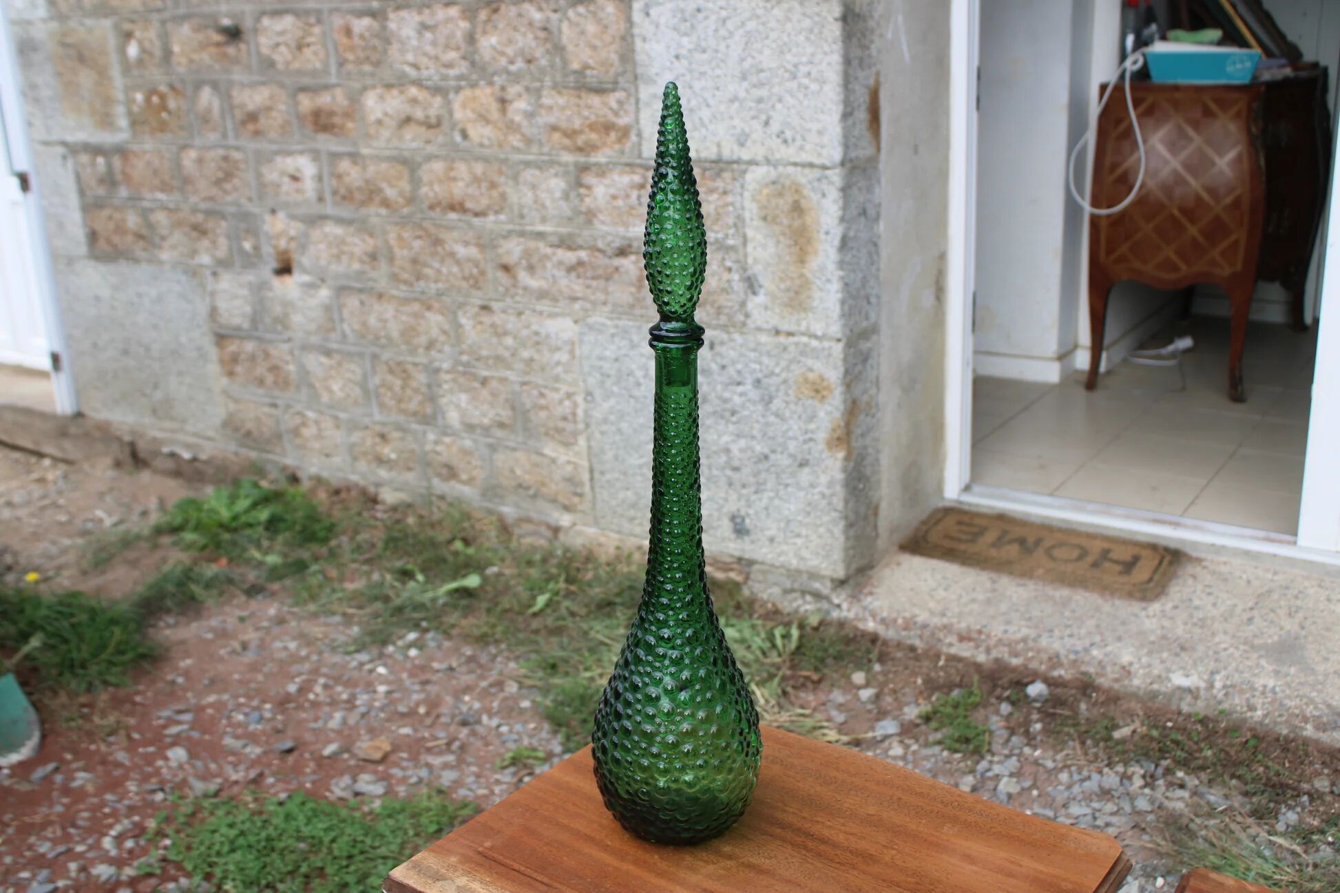 Large decorative vintage green glass carafe/bottle with relief – H57 cm