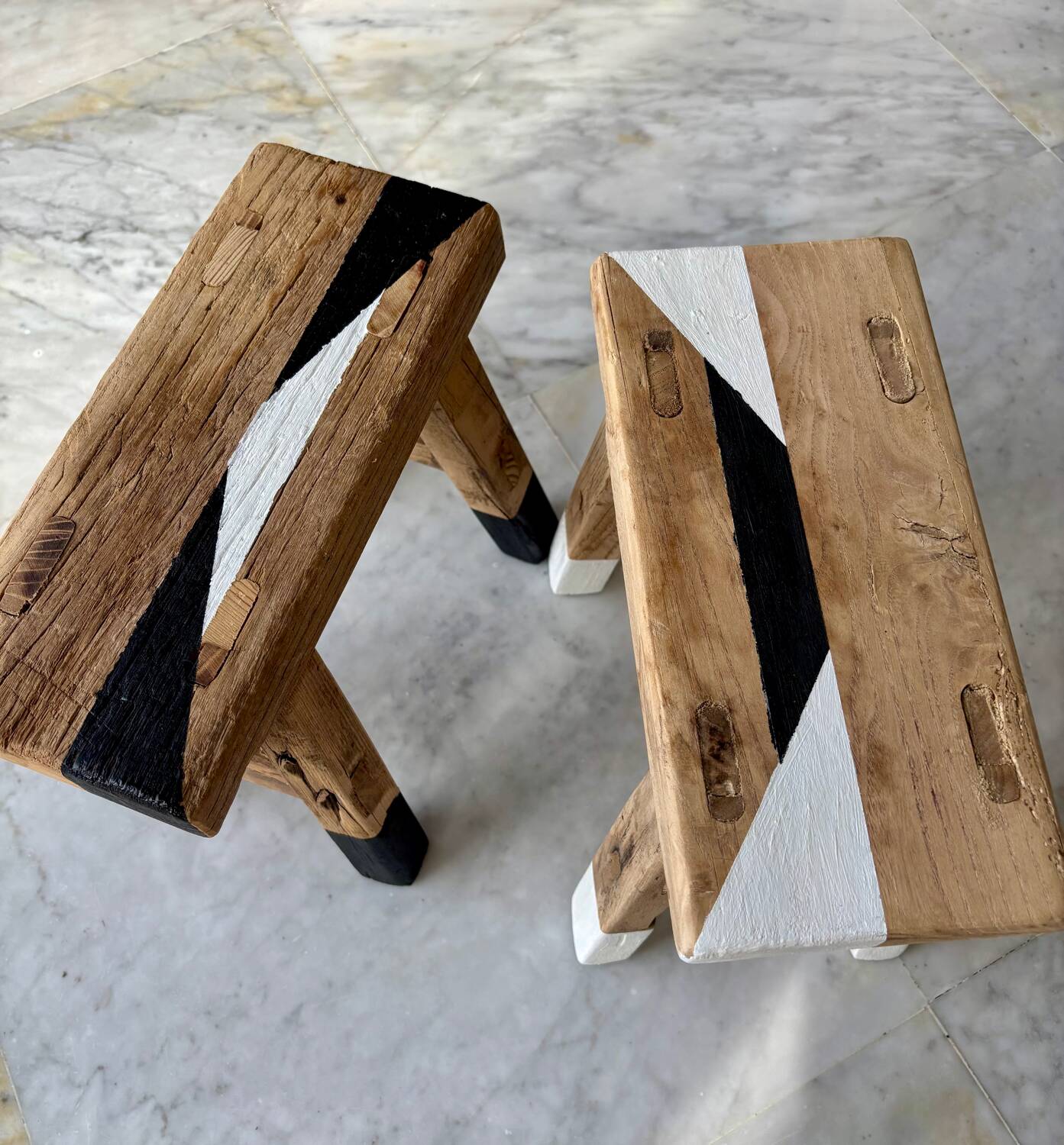 Tabouret chinois orme,  noir et blanc
