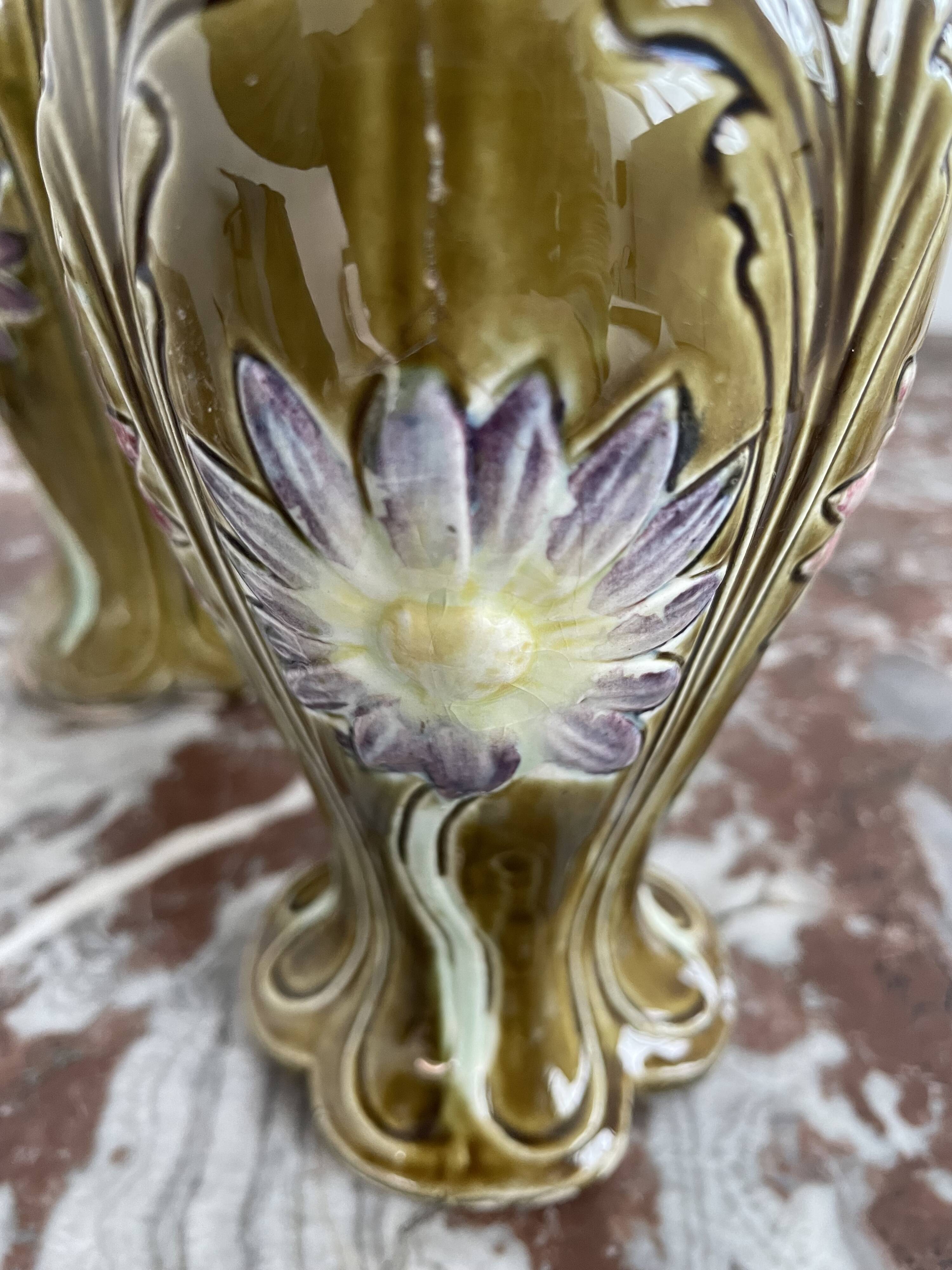 Barbotine vases, pair, Art Nouveau, DE BRUYN earthenware, signed, numbered