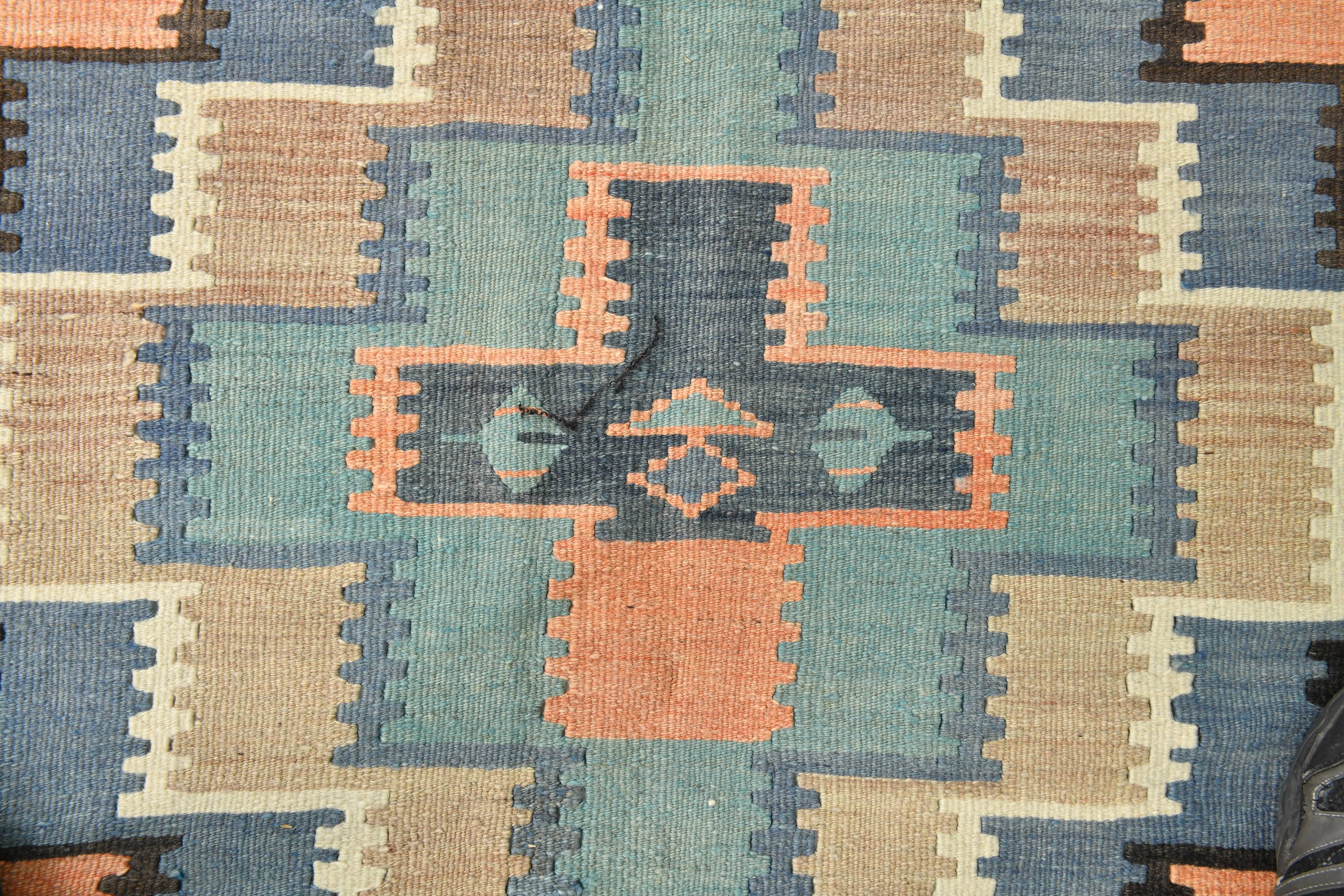 Faded Blue & Soft Peach Long Wide Handmade Kilim Rug, 168x296 Cm