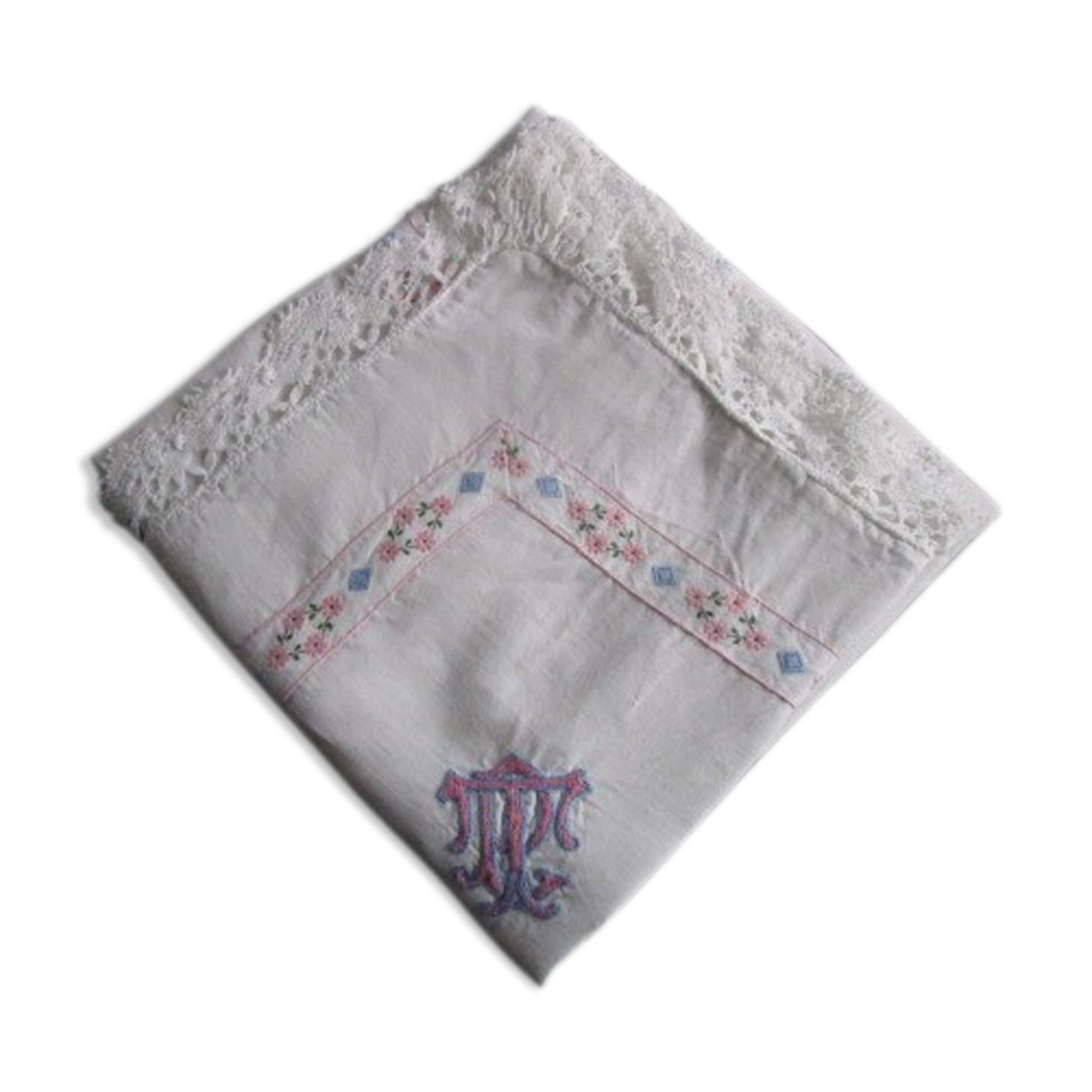 Old pillowcase embroidered and monogrammed in cotton :70x70cm
