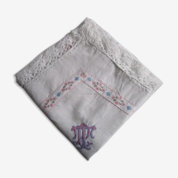 Taie d'oreiller ancienne brodée et monogrammée en coton :70x70cm
