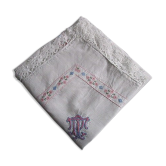 Old pillowcase embroidered and monogrammed in cotton :70x70cm