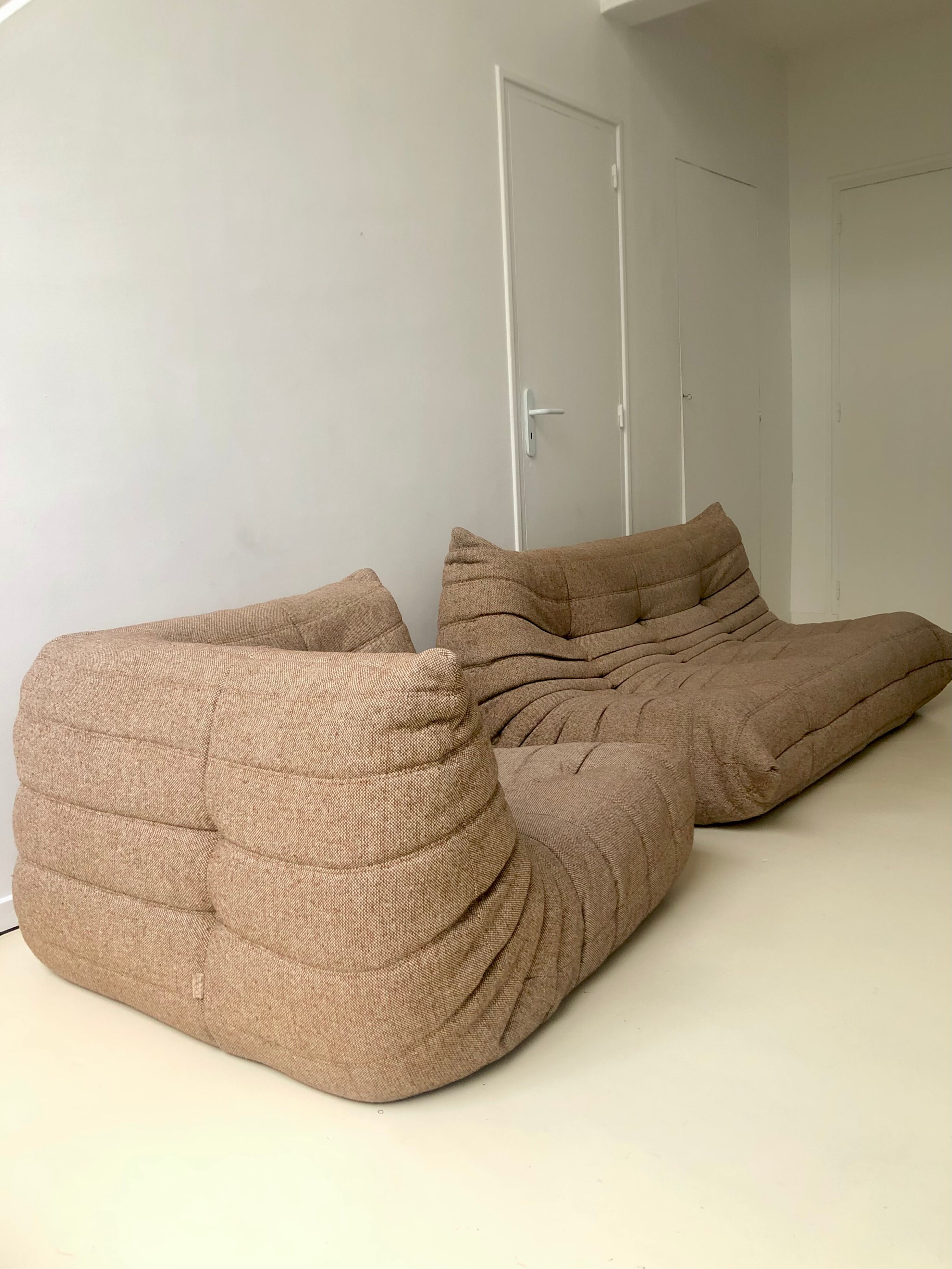 Set Togo sofa 3 places and angle in beige wool edition Ligne Roset of the 80s