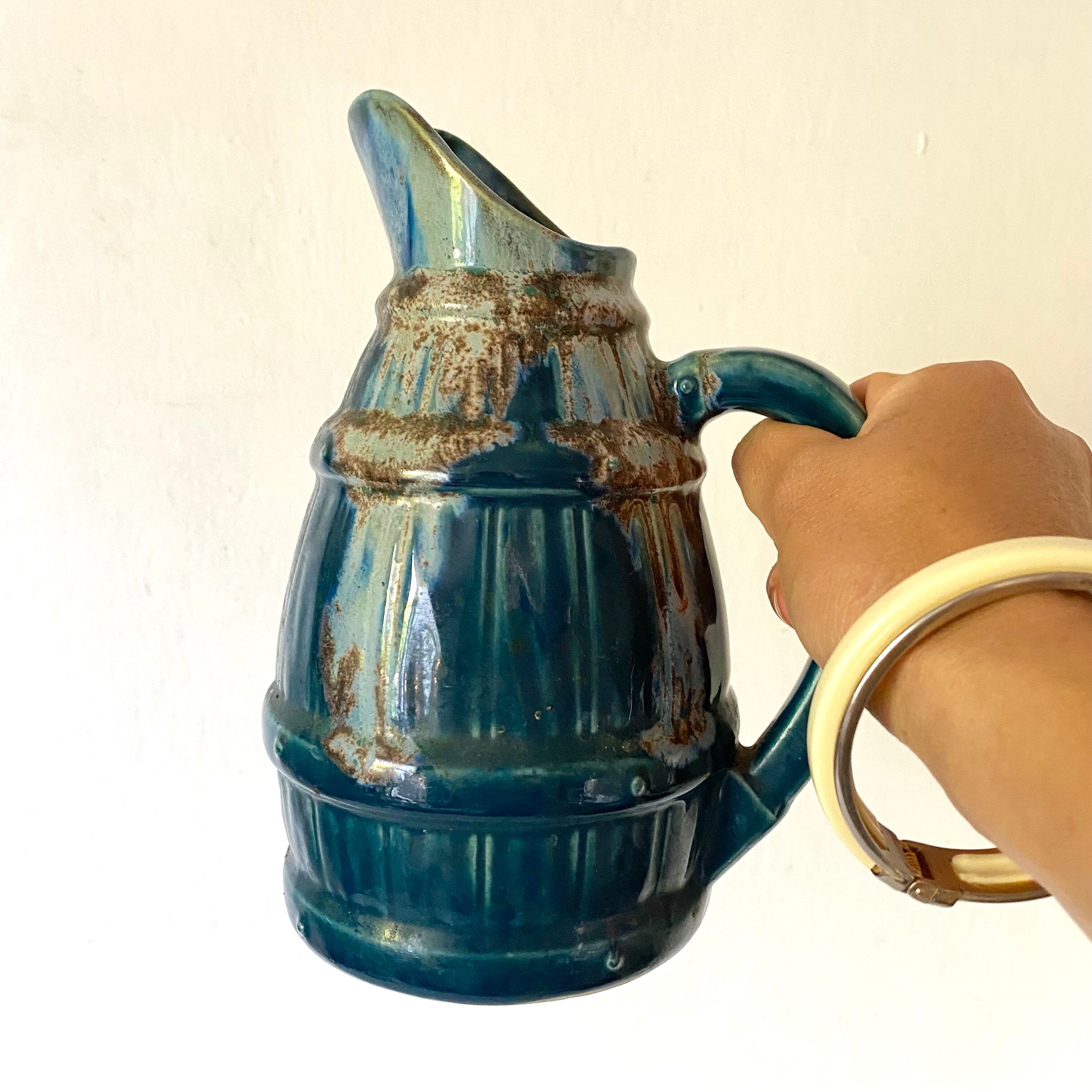 Blue barrel ceramic pitcher