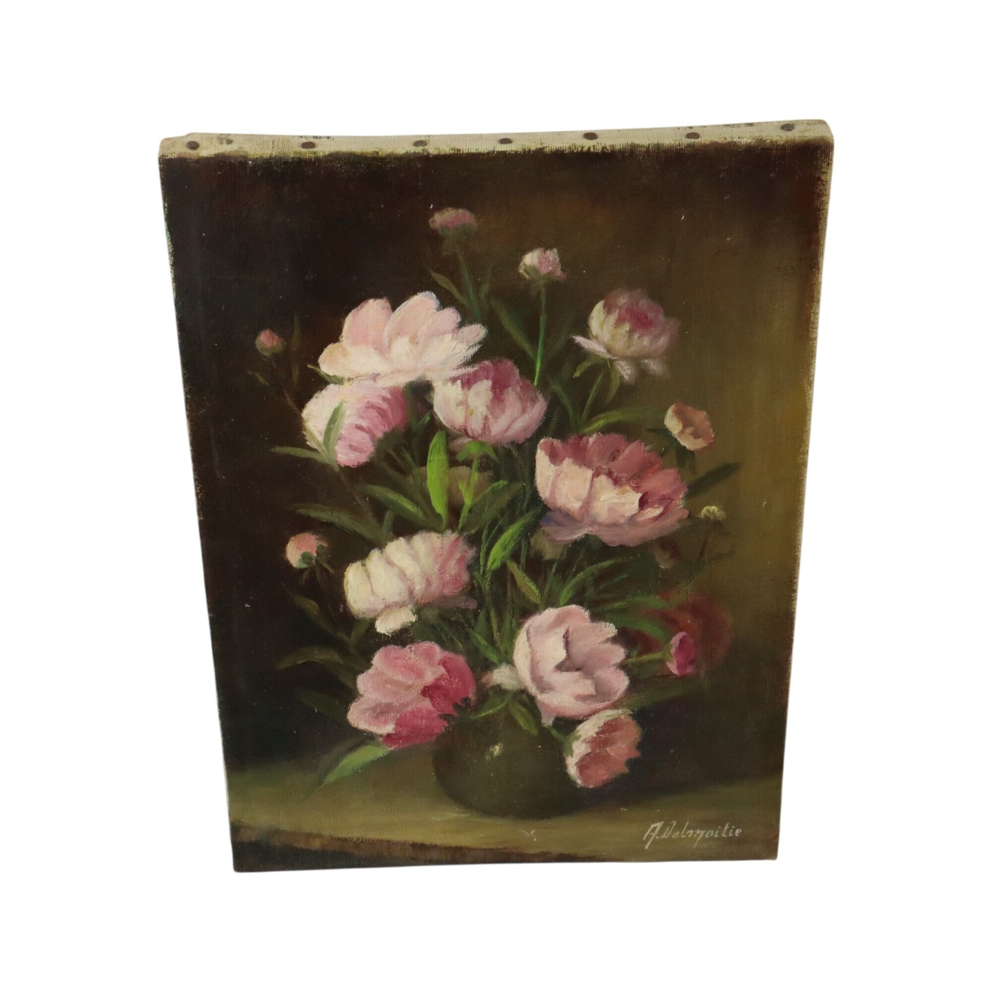 Pink Flowers Still Life Colorful Painting Signed 35x25cm