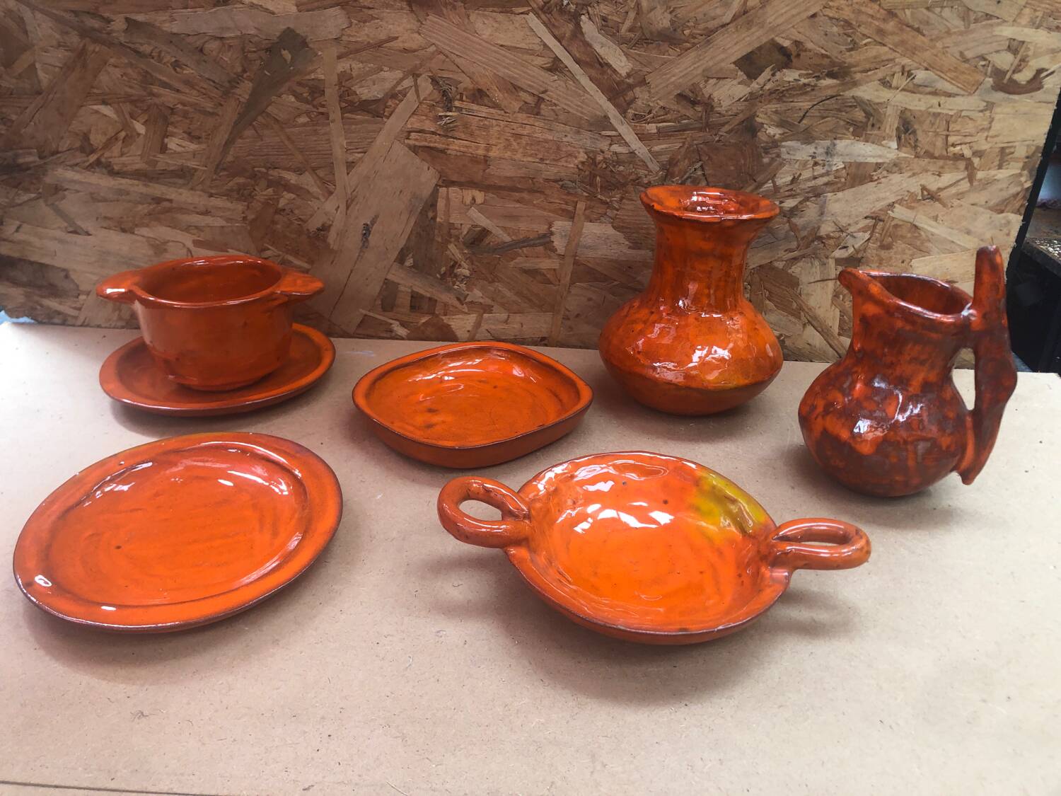 Old vallauris service 7 pieces empty pitchers pocket ceramic orange #a996