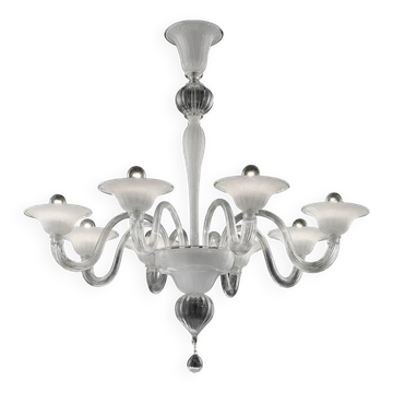 Chandelier en verre de Murano vénitien moderne en tons transparents et blancs