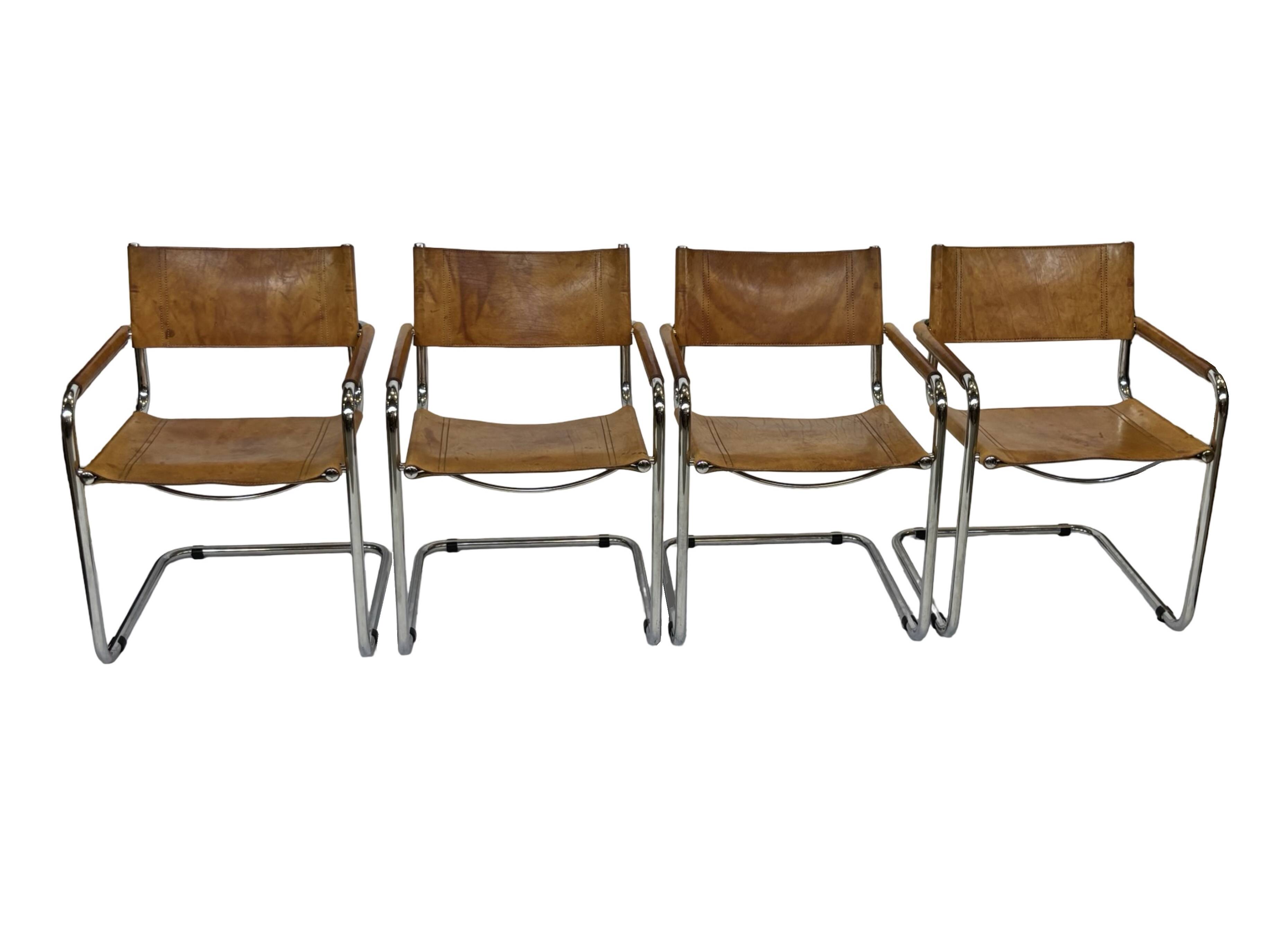 Ensemble de quatre fauteuils de salle à manger FASEM S34 en cuir Cognac par Mart Stam années 80