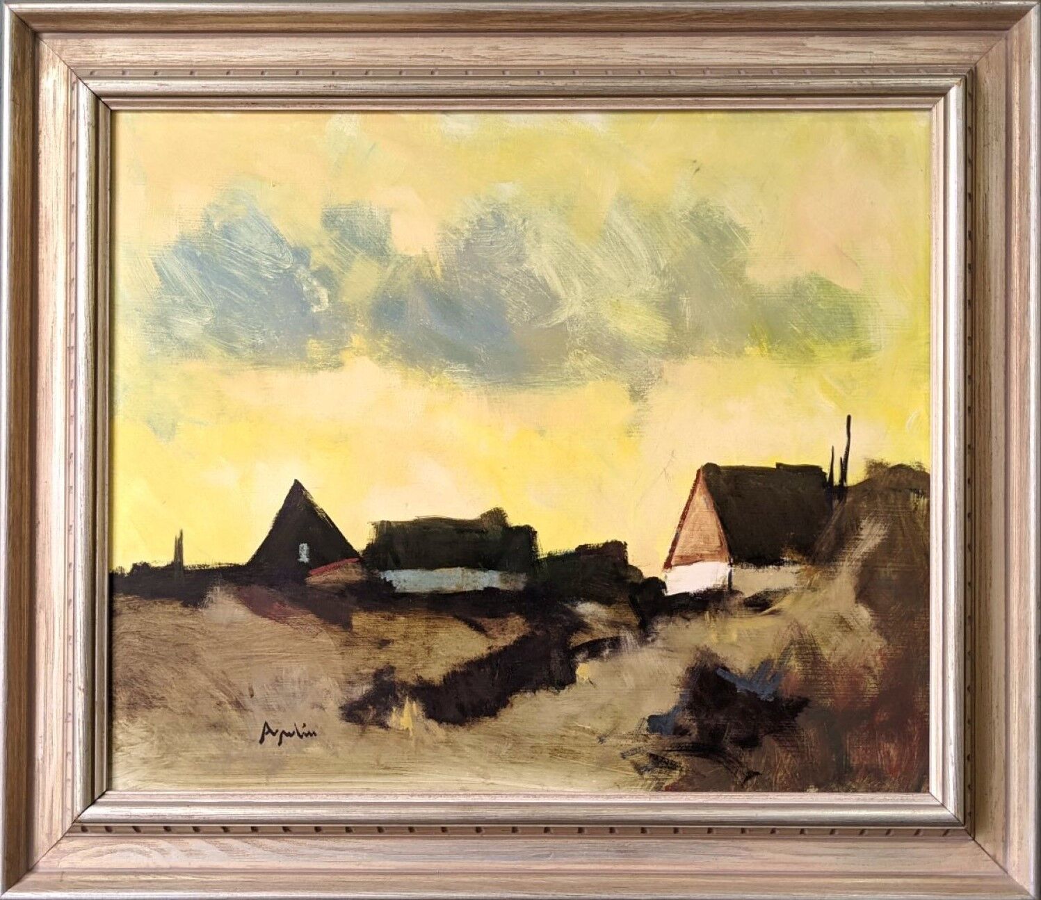 Mid-Century Modern Swedish "Yellow Skies" Vintage Landscape Oil Painting, Framed