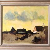 Mid-Century Modern Swedish "Yellow Skies" Vintage Landscape Oil Painting, Framed