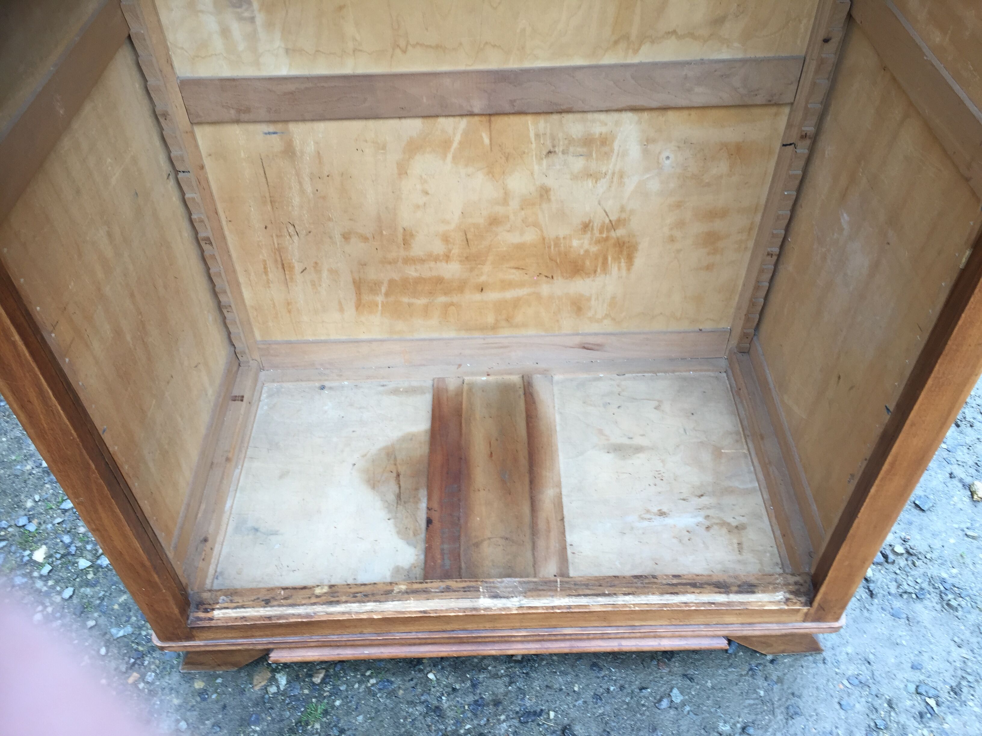Vintage oak compass foot cabinet with 2 sliding doors painted red and blue