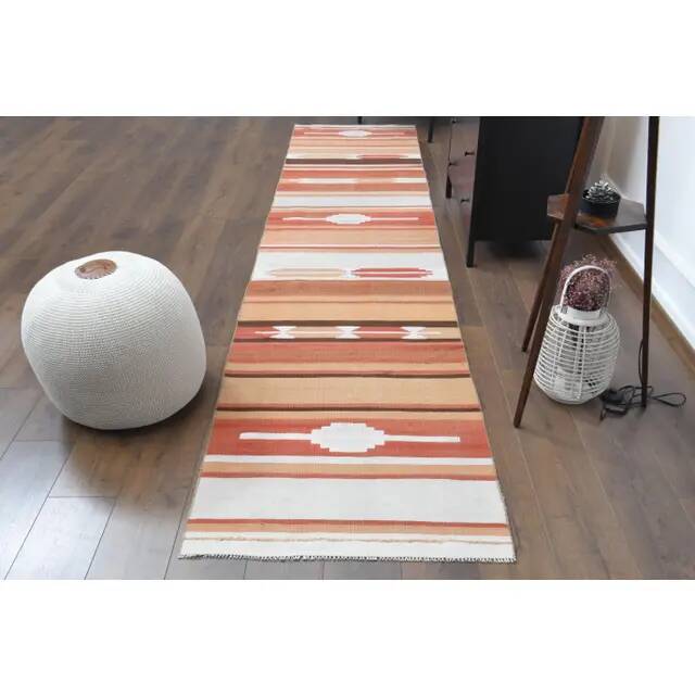 1970s Vintage Turkish Hand-Knotted Wool Cotton Orange Runner Rug 85389
