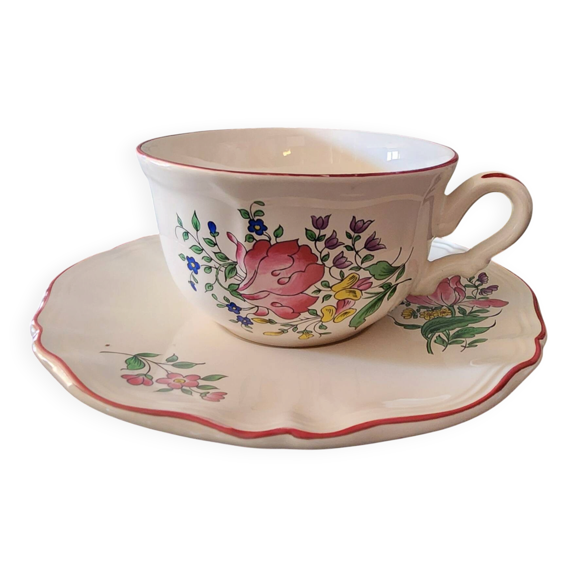 large breakfast cup saucer faience luneville kg street lamp flowers vintage