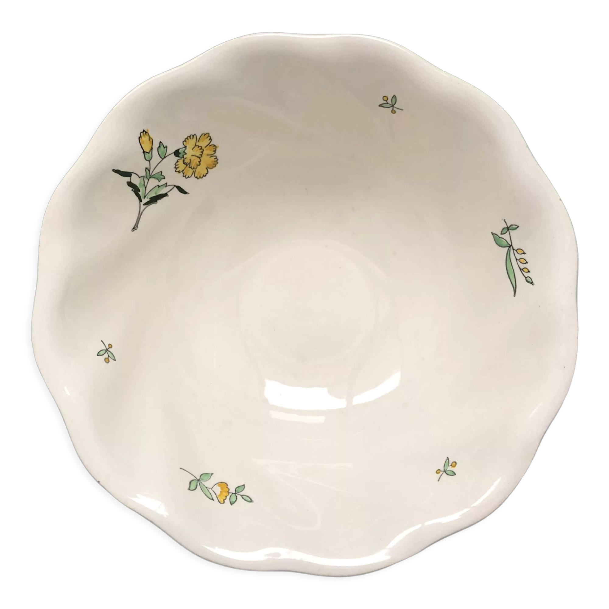 Round dish model embrun, with yellow floral patterns. stamped salins france