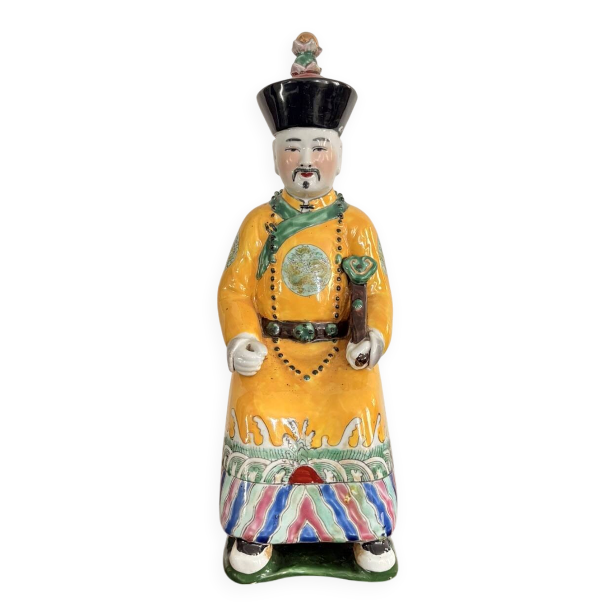 Chinese Porcelain Sculpture of an Emperor Dignitary from the Qing Dynasty, Famille Verte