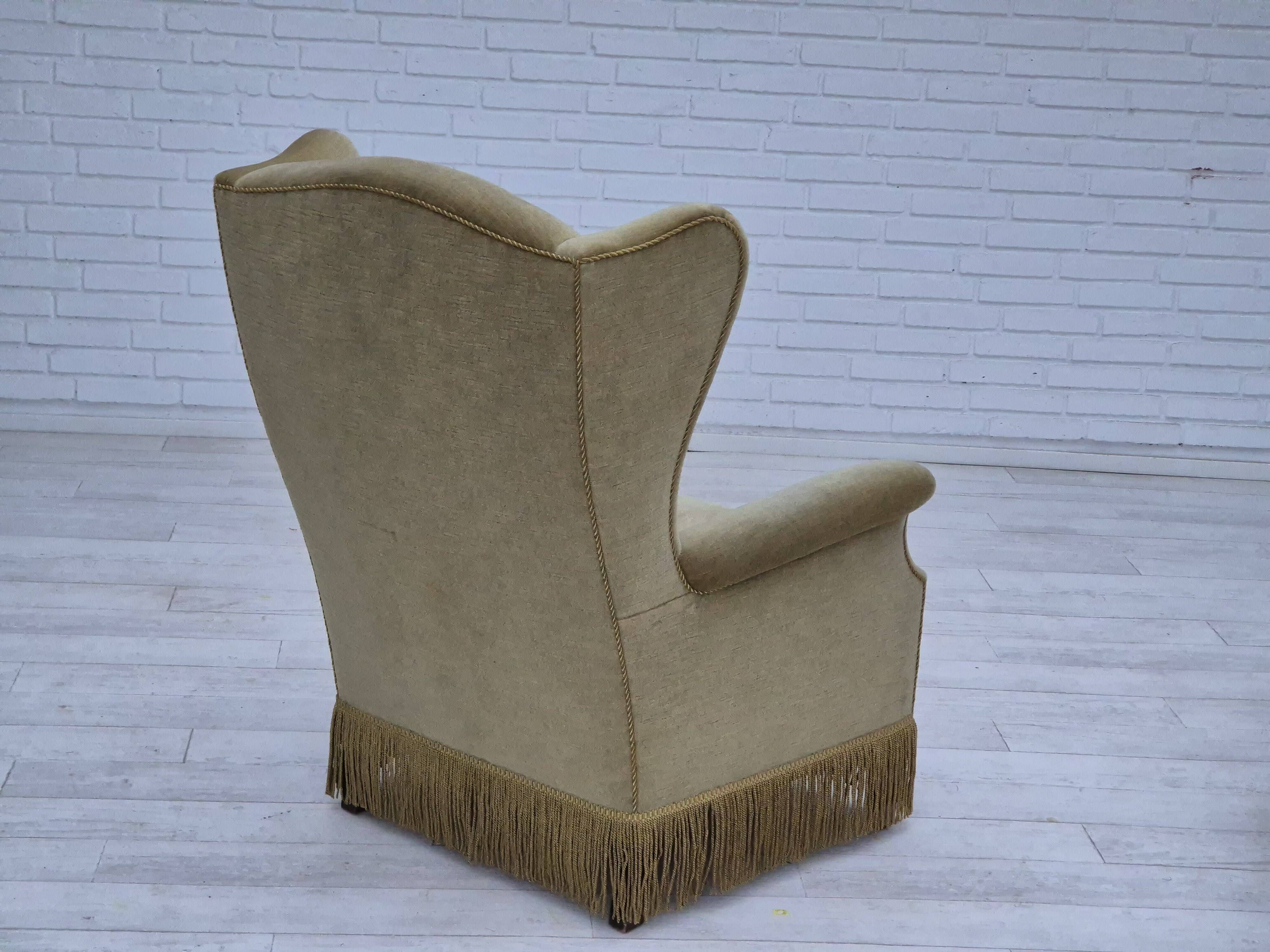 1970s, Danish design, wingback armchair, original condition, furniture velour, beech wood legs.