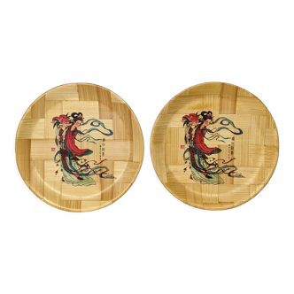 2 plateaux en bambou d'origine asiatique 1950