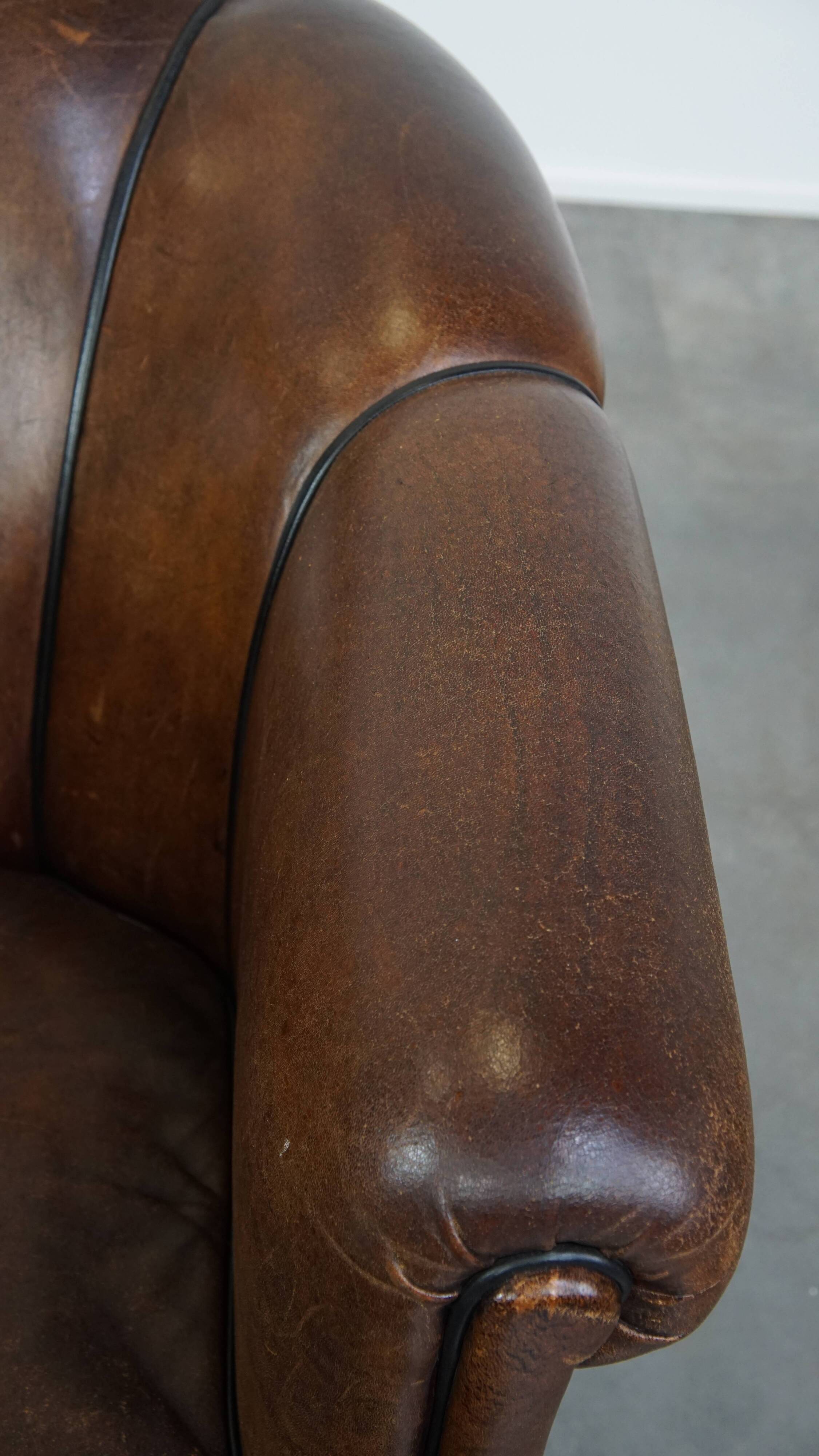 Dark Sheepskin Leather Club Chair with Black Piping