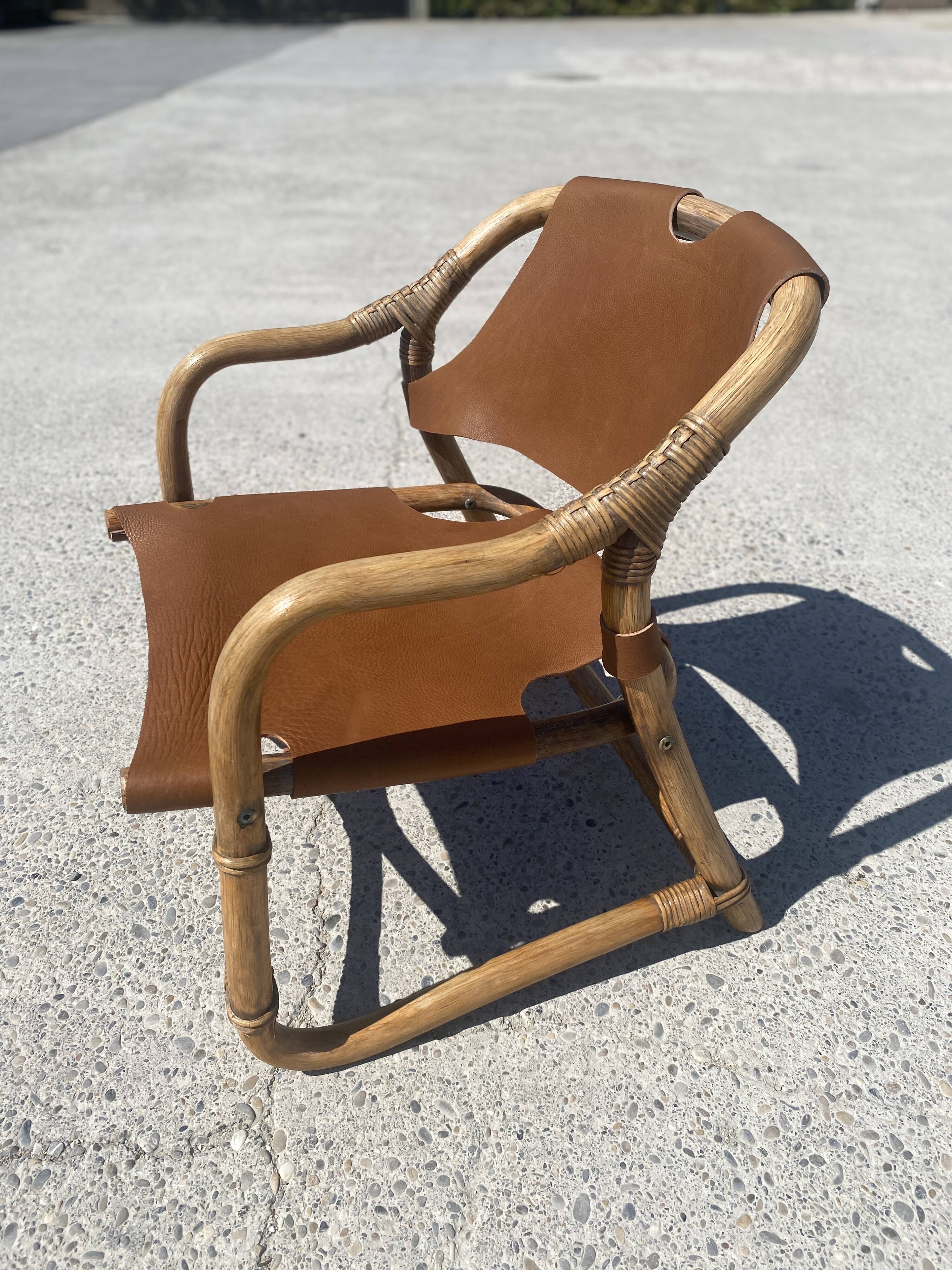 Mid-century bamboo and leather safari armchair, Denmark, 1960s