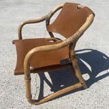 Mid-century bamboo and leather safari armchair, Denmark, 1960s