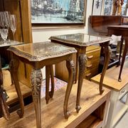 Pair of Vintage Wooden Nesting Tables with Glass Tops & Cabriole Legs