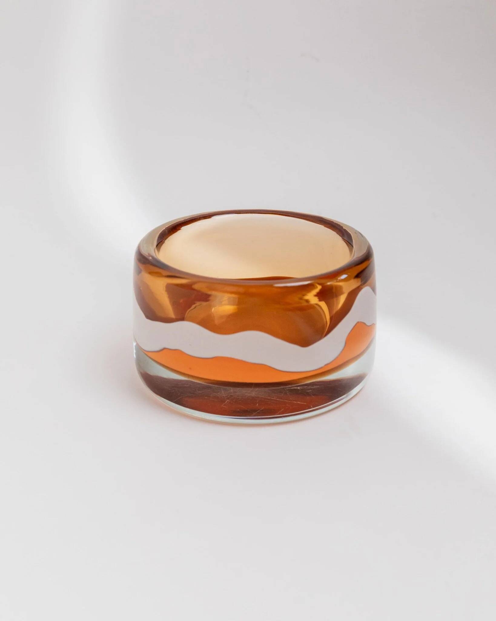 Vintage Skrdlovice Glass Bowl by Jaroslav Svoboda – Bold orange amber glass with white wave, Czech 1970s