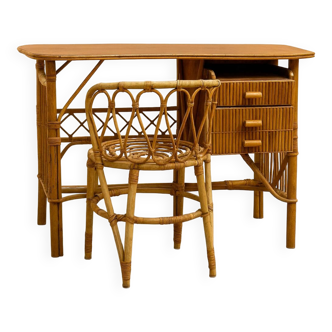 Bureau vintage en rotin + chaise assortie