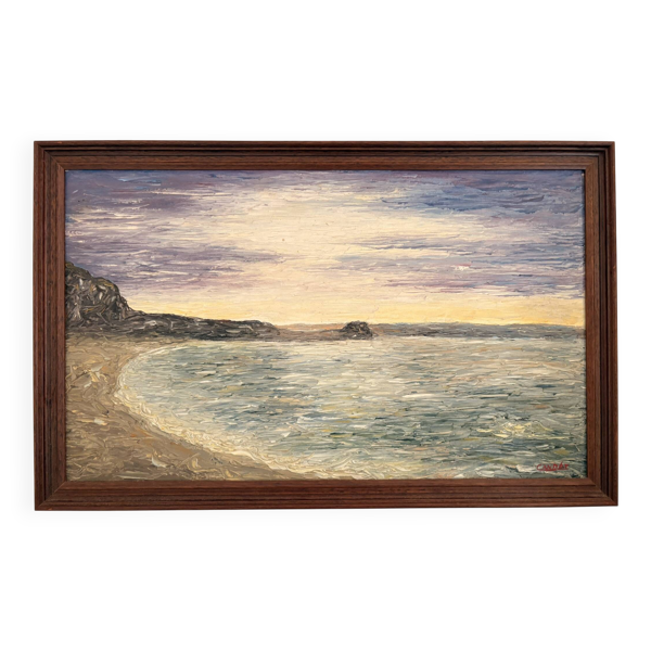 Tableau peinture huile couteau plage mer couché soleil falaise signé canda