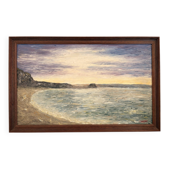 Oil painting knife beach sea sunset cliff signed canda