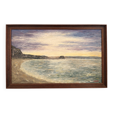 Oil painting knife beach sea sunset cliff signed canda