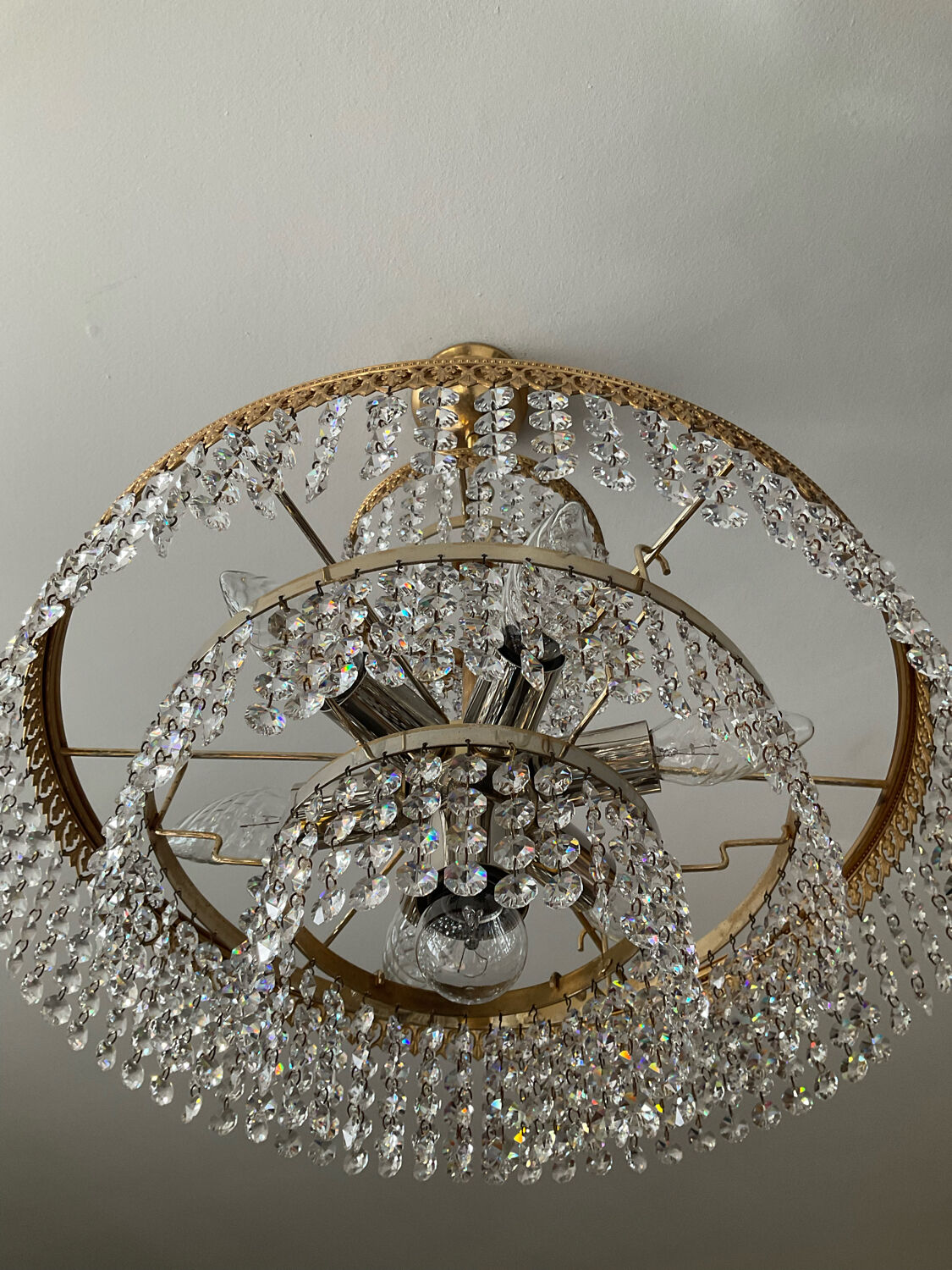 Brass chandelier and crystal tassel waterfall
