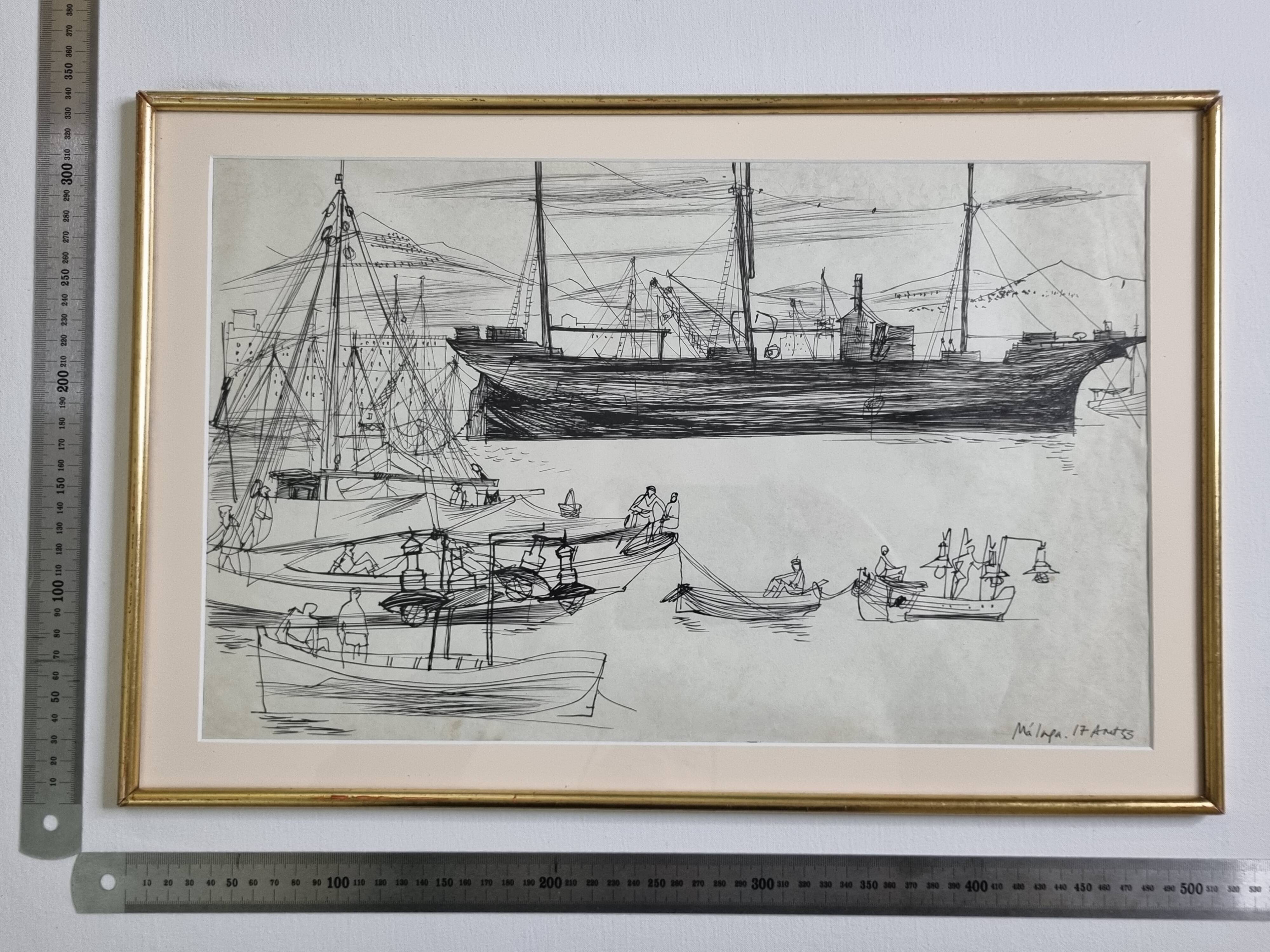 Original ink drawing, travel sketchbook, 1955, port scene 52x34 cm