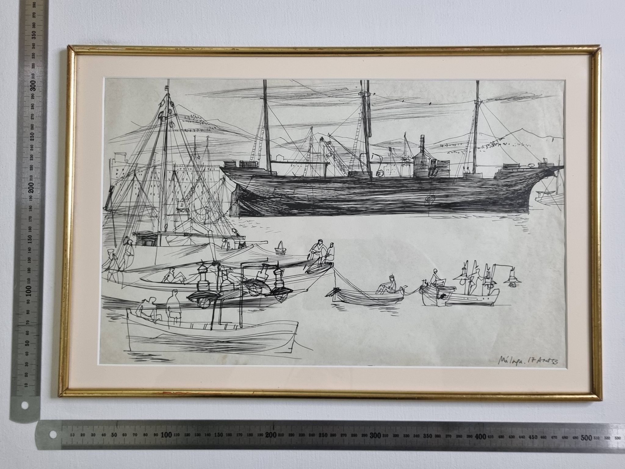 Original ink drawing, travel sketchbook, 1955, port scene 52x34 cm