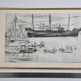 Original ink drawing, travel sketchbook, 1955, port scene 52x34 cm