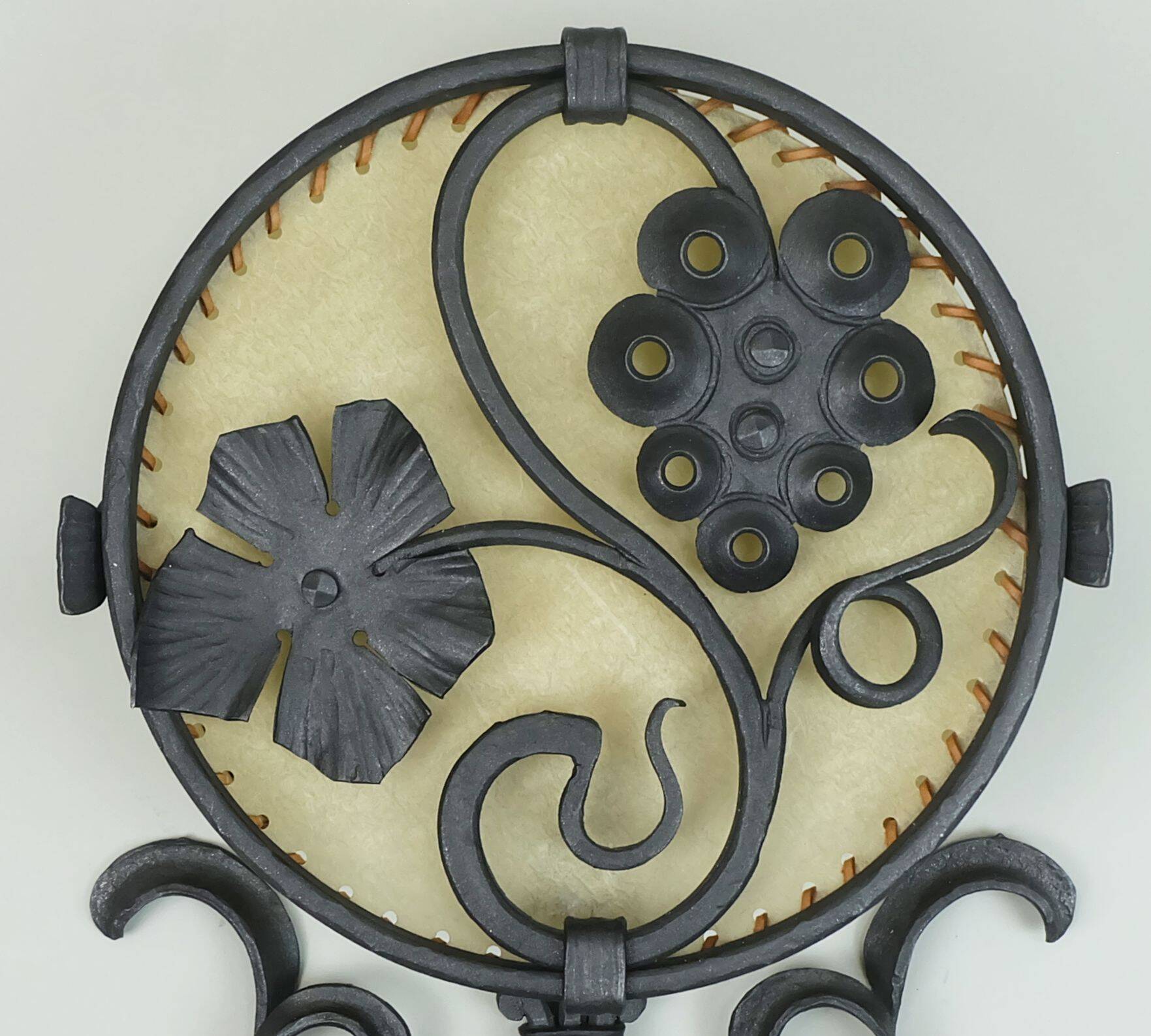 1970s WALL LAMP wrought iron and parchment koch & sons brutalist rustic