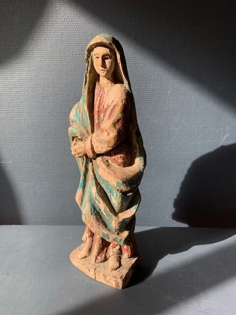 Old Virgin Mary sculpture in polychrome wood, 18th century