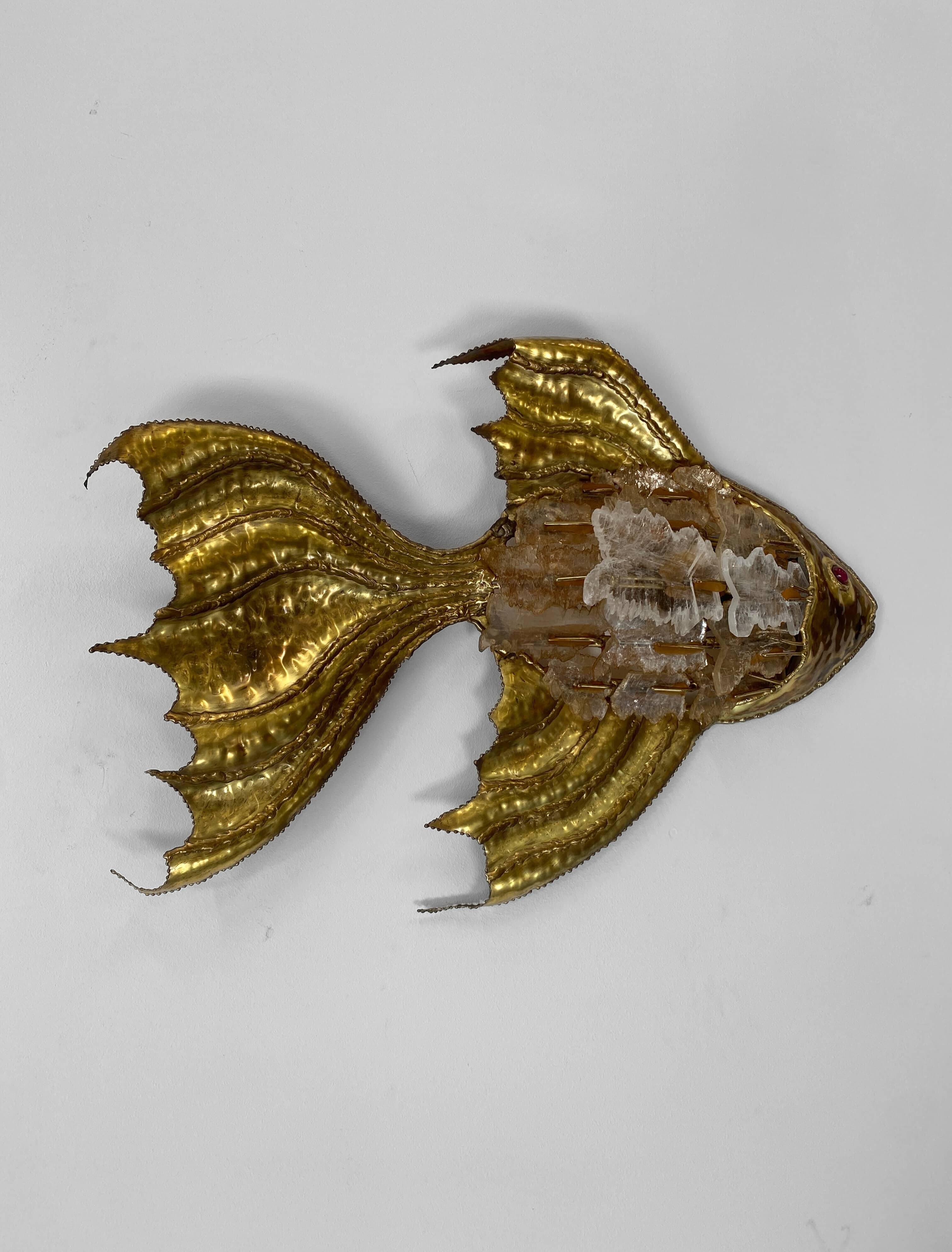 Vintage brass and stone fish-shaped wall light, 1970s