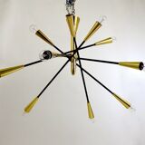 Black and brass articulated Sputnik chandelier in Stilnovo style, Italy, 1950.