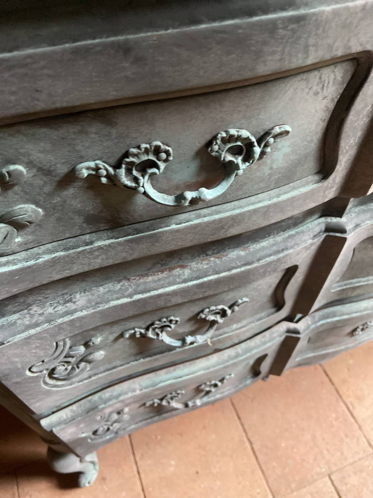 Antique Louis XV style commode, aged finish, practical elegance.